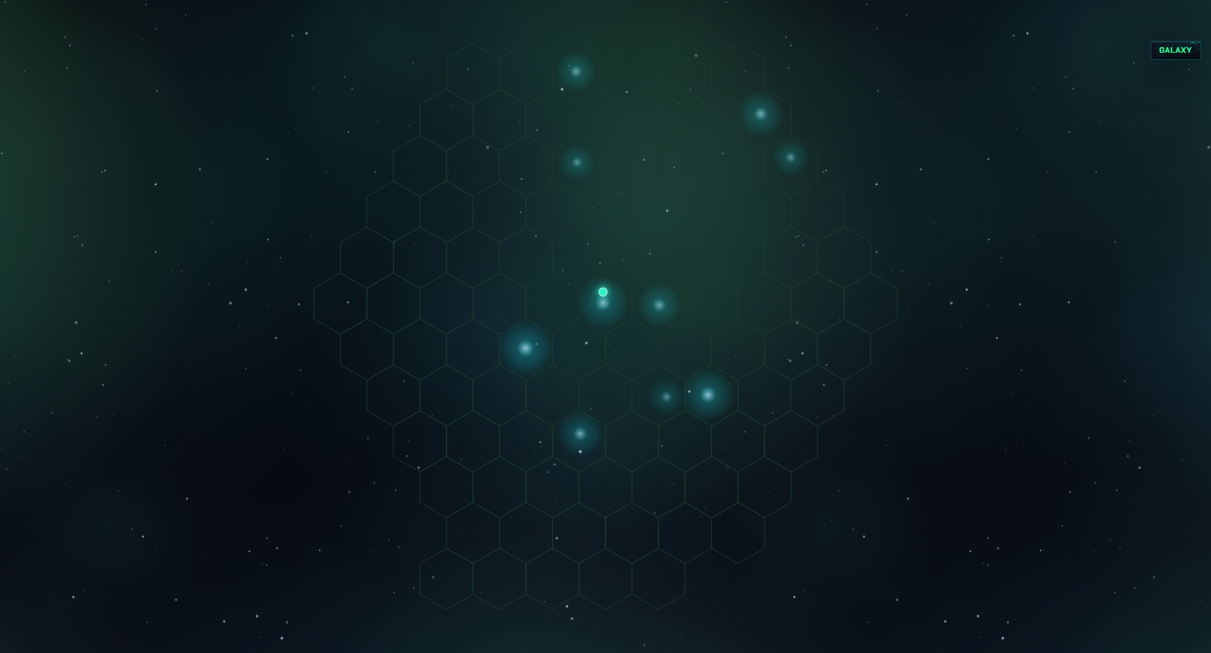 The galaxy: a hex lattice of systems, brighter where more colonies burn.