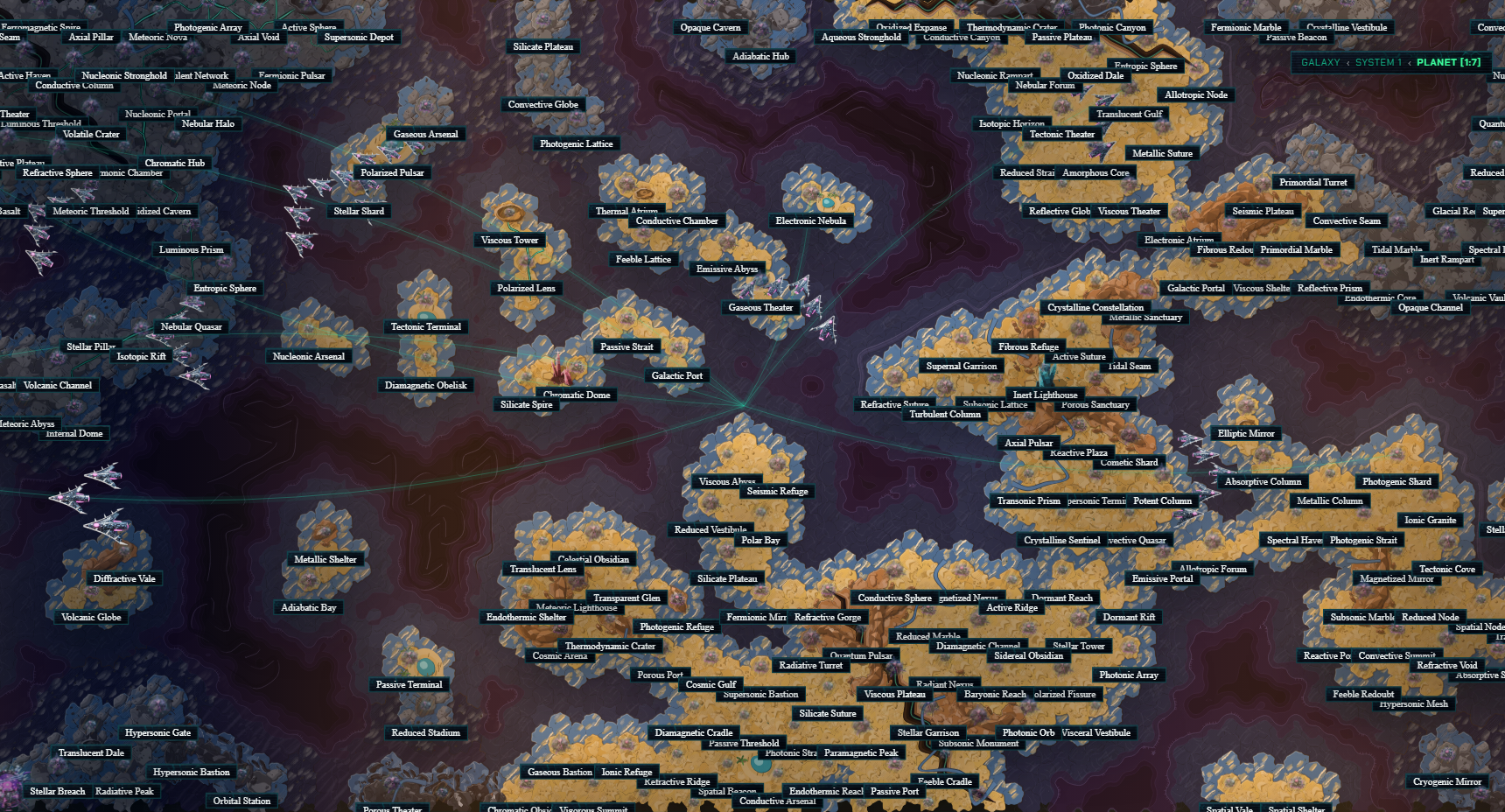 A planet's surface: the hex lattice, its colonies by name, and mission legs crossing between them.