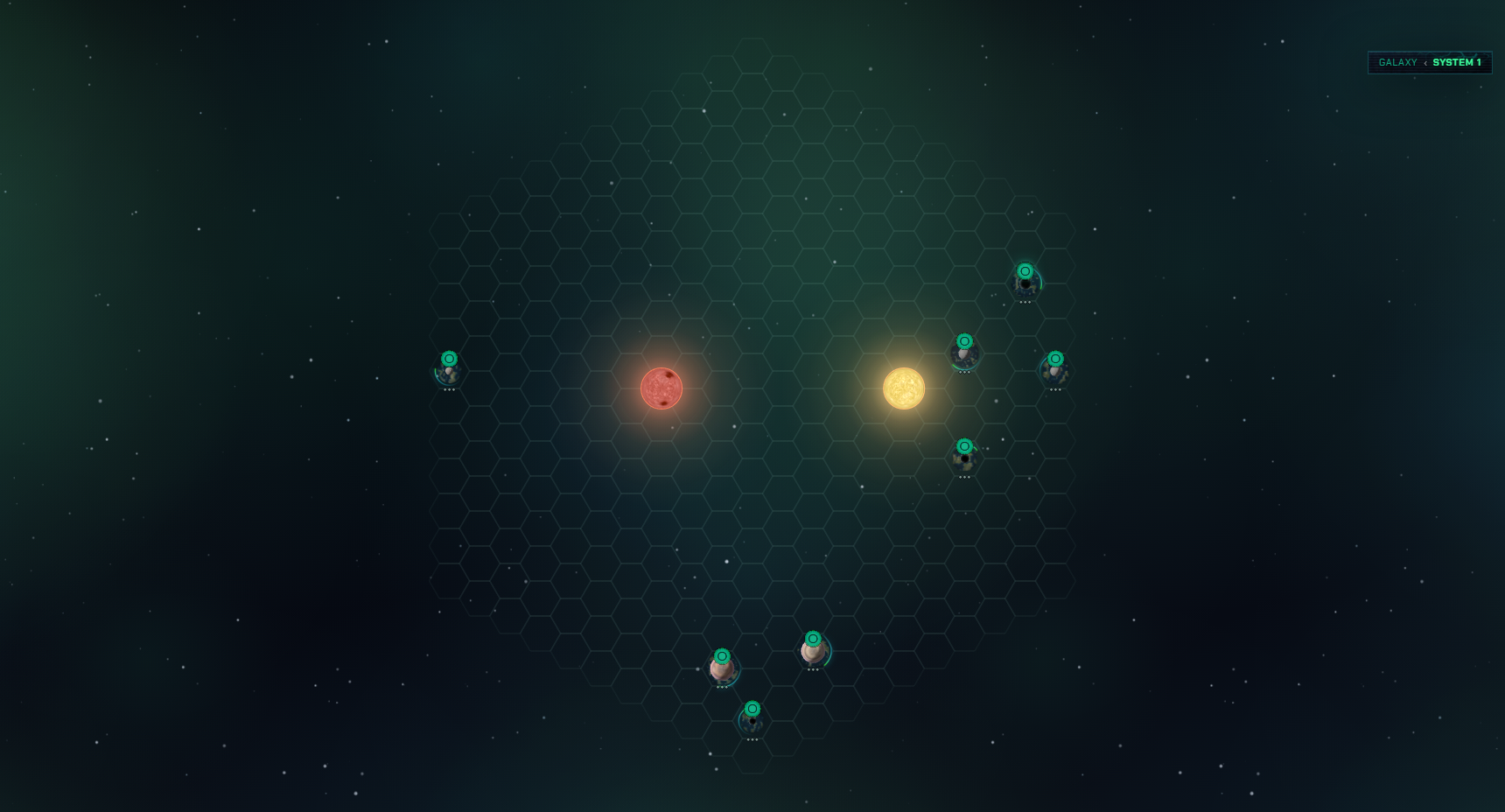 Inside a system: its stars, and every planet that carries a colony marked in green.